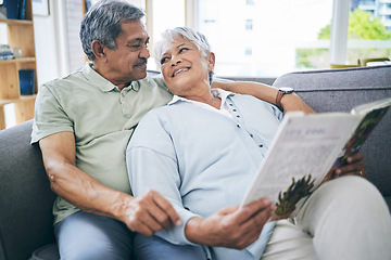 Image showing Couple, relax and reading book together on sofa in living room with love, care and quality time. Senior man, happy woman and married partner enjoy discussion with books on couch at home in retirement