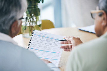 Image showing Old couple, mortgage application and documents in home for contract, debt or deed. Elderly man, woman and real estate loan, investment or paperwork for insurance, agreement and property in retirement