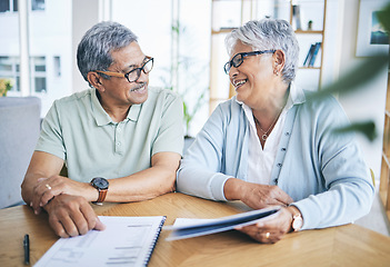 Image showing Old couple, smile and financial planning with documents in home for pension, savings or tax. Elderly, man and happy woman with budget, investment and mortgage paperwork for insurance in retirement.