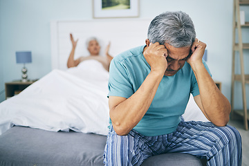 Image showing Bed, divorce and senior couple with anxiety, angry and ignore with infidelity, marriage and frustrated. Stress, old man and elderly woman in a bedroom, fight and depression with marital problems