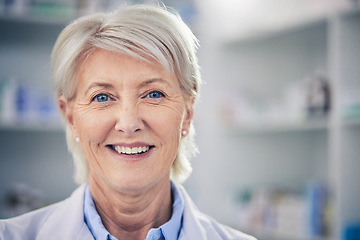 Image showing Face, senior pharmacist and happy woman in pharmacy, drugstore or shop for wellness medicine. Smile, medical professional and portrait of doctor, elderly healthcare expert and person from Canada.