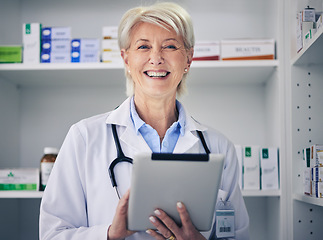 Image showing Senior woman, pharmacist and tablet data portrait with medical stock and digital telehealth work. Pharmacy, healthcare store and research with elderly female employee with a smile with information