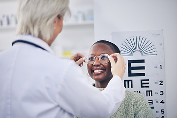 Image showing Eye exam, glasses and vision, doctor and patient with women in optometry clinic, health insurance and help. Prescription lens, frame and eyesight, healthcare for eyes and ophthalmology with eyecare
