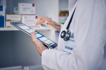 Image showing Woman, pharmacist and hands on tablet in medical research, inventory or ecommerce order on pharmacy app. Closeup of person or healthcare professional working on technology for telehealth or checklist