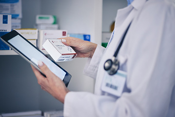 Image showing Pharmacist, work and tablet with medicine or hand.in pharmacy for research on online app. Doctor, job and tech with pill for inventory or information with medical expert on web for analysis.