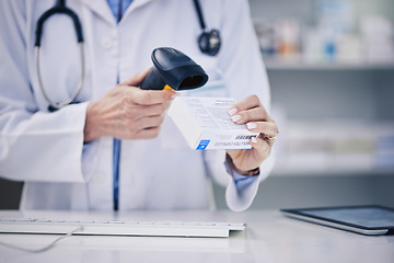 Image showing Pharmacist, hands and scanning pills, cashier with woman and pharmacy, digital scanner and stock barcode. Pharmaceutical, tablet box and female person with health, medicine and retail commerce