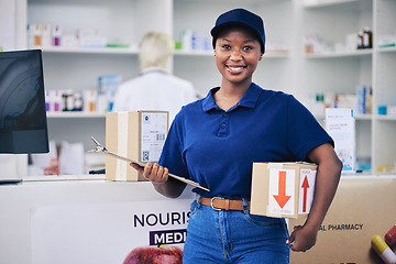 Image showing Black woman, package and pharmacy in portrait with delivery or medical items for stock. Employee, parcel and face with cardboard box or healthcare product with smile for job, shipping or logistics.