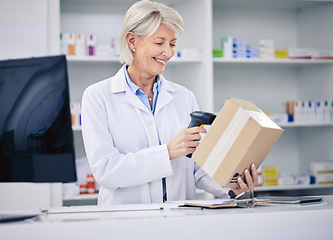 Image showing Senior pharmacist, woman and scanning package, cashier with medicine and pharmacy, digital and stock barcode. Pharmaceutical, box of drugs and female person with health, service and retail commerce