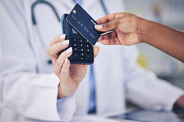 Image showing Woman, pharmacist and hands with credit card for payment or electronic purchase on pos at pharmacy. Closeup of female person and customer tap to pay or scan for pharmaceutical medication at drugstore