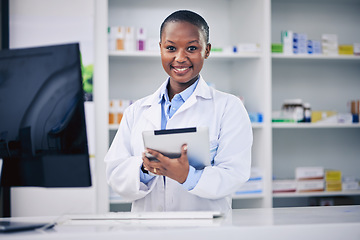 Image showing Black woman, tablet and pharmacist with checklist at counter for medicine stock, info and advice on drugs. Digital list, pharmacy and medical professional on online inventory for telehealth at shelf.