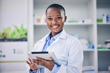 Image showing Happy woman, tablet and pharmacist with checklist for stock of medicine, information and advice on drugs. Digital list, pharmacy and African medical professional with online inventory for telehealth.