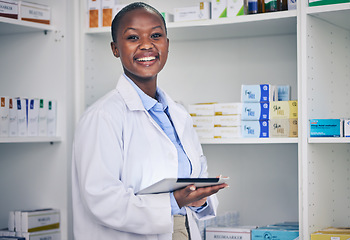 Image showing Portrait of black woman, tablet and pharmacist with checklist for stock of medicine, information and advice. Digital list, pharmacy and medical professional with smile, online inventory and helping.