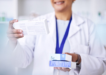 Image showing Woman, hands and pharmacist with medication, pills or prescription for checking inventory at pharmacy. Female person, medical or healthcare expert with drugs or box for diagnosis, illness or cure