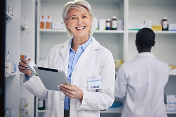 Image showing Senior woman, pharmacist and portrait with tablet to check medicine stock in pharmacy. Medical professional, inventory and face of happy doctor with technology, pills or supplements for healthcare.