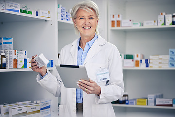Image showing Senior woman, pharmacist stock and tablet portrait with medical work and digital research. Pharmacy, healthcare order and pills with elderly female employee with a smile with telehealth information