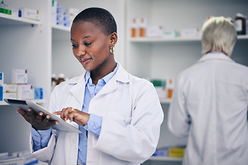 Image showing Black woman, tablet and pharmacist with checklist for stock of medicine, information and advice on drugs. Digital list, pharmacy and medical professional with online inventory for telehealth at shelf