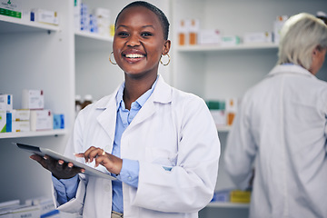 Image showing Portrait of pharmacist, black woman with tablet and checklist for stock medicine, information and advice. Digital list, pharmacy and medical professional with smile, online inventory and telehealth.