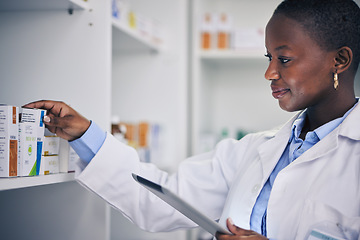 Image showing Black woman, tablet and pharmacist with checklist for pills, stock of medicine or information on drugs. Digital list, pharmacy and medical professional with box for online inventory for telehealth.