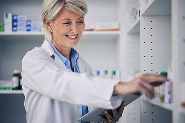 Image showing Happy woman, tablet and pharmacist with checklist for stock of medicine, expert information and advice on drugs. Digital list, pharmacy and senior medical professional with online inventory at shelf.