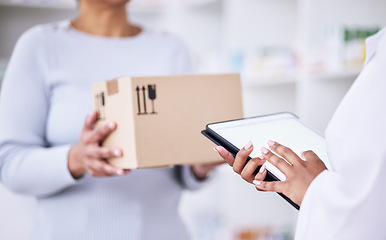 Image showing Woman, pharmacist and tablet with box for delivery order, supply chain or logistics at pharmacy. Hands of female person, medical or healthcare professional on technology for pharmaceutical checklist