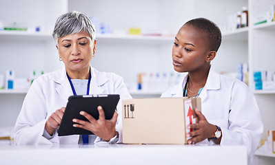 Image showing Woman, pharmacist and team with tablet or box in logistics for inventory inspection or stock at pharmacy. Medical or healthcare women with technology for supply chain, checklist or pharmaceuticals