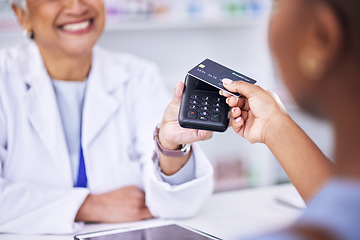 Image showing Woman, hands and credit card at pharmacy for payment, tap or scan in electronic purchase or buying. Female person or pharmacist and customer in banking, pay or pharmaceutical transaction at drugstore