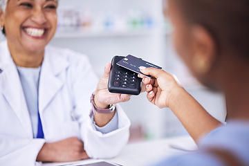 Image showing Happy woman, hands and credit card at pharmacy for payment, tap or scan in electronic purchase or buy. Female person, pharmacist or customer in banking, pay or pharmaceutical transaction at drugstore