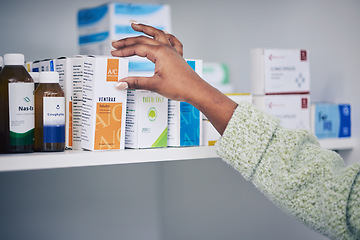 Image showing Woman, customer and hands on box for medicine or medical medication on shelf at the pharmacy. Female person or patient shopping pharmaceutical products or drugs for healthcare cure at clinic store