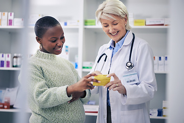 Image showing Product, pharmacy and pregnant woman with doctor in store for medicine, prescription and help. Medical, healthcare and consulting with patient and pharmacist shopping for pregnancy and wellness