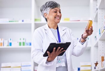 Image showing Senior woman, pharmacy and tablet with product, information or inventory of pharmaceutical store or shop for healthcare. Telehealth, mobile app or pharmacist with shelf of medicine, pills or drugs