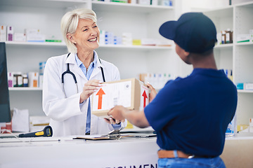 Image showing Pharmacist, package and delivery with woman in drug store for medical supplies with courier service. Healthcare professional, female employee and parcel with medicine in pharmacy for ecommerce.