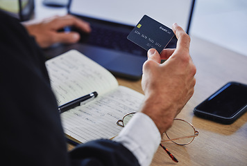 Image showing Banking, finance and hands with a credit card and a laptop for an online payment and planning ecommerce. Business, corporate and a man ready to pay while online shopping or using a computer for money