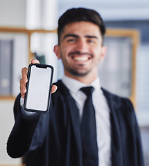 Image showing Hand of businessman, phone screen and portrait of communication, networking or contact us on social media mockup. Mobile app, ui and man with trading, banking or business website on cellphone