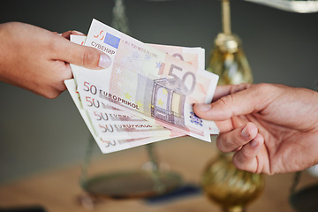 Image showing Money, hands and business people with a bribe for justice, legal work and payment for consultation. Deal, meeting and closeup of a person giving cash to a lawyer for a crime, scam or corruption offer