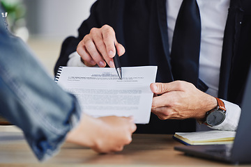 Image showing Hands, client and lawyer with paperwork, contract and document for legal advice, application and letter. Closeup of financial advisor, broker and consulting report, documents and reading deal to sign