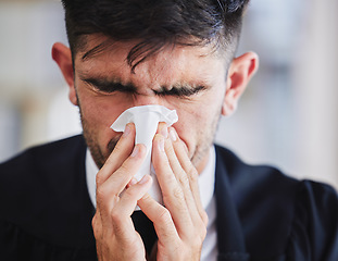 Image showing Sick business man, tissue and blowing nose for allergies, cold and virus in office. Face of male employee sneeze with influenza, allergy bacteria and risk of health problem, sinusitis and infection