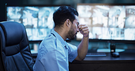 Image showing Tired security guard, cctv screen and stress headache from late shift in safety and video surveillance in office. Fatigue, digital monitor and exhausted man in control room for night work protection.