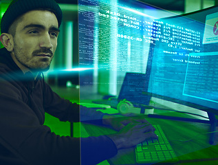 Image showing Computer hacker, programming and man with hologram for phishing, scam or cybersecurity software. Reading, dashboard and criminal person with ai info for future ransomware, hacking or coding script