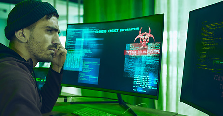 Image showing Computer screen, programming or identity theft with hacker man for phishing, scam or financial fraud. Confused, dashboard and criminal person thinking or reading info or password for credit on pc