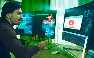 Image showing Hacker, fraud and man with credit card at computer for phishing, scam or malware. Confused, neon dashboard and criminal person reading error information or mistake for theft with pc hologram