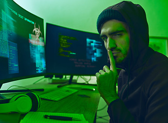 Image showing Computer hacker, neon and portrait of a man with secret for hacking, phishing or cybersecurity software. Dark, finger on lips and person with information on pc for ransomware, privacy or programming