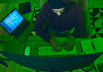 Image showing Cybersecurity, crime and man programming from above in neon office with code, fraud and hacking. Software, ransomware and web hacker on cyber attack, password thief coding online scam and computer.