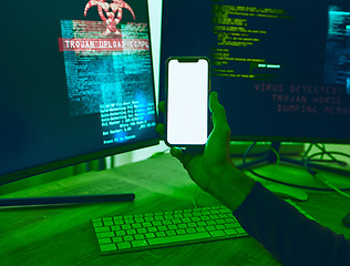 Image showing Computer, phone or hands with mockup for hacking, software programming or cybersecurity. Information technology, screen on mobile app or hacker on dark web for big data, update or web design at night