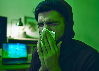 Image showing Man, computer or sick hacker with virus in office for code, online fraud or cybersecurity crime at night. Tissue, fever or ill programmer blowing nose or working on software data scam or cyber attack