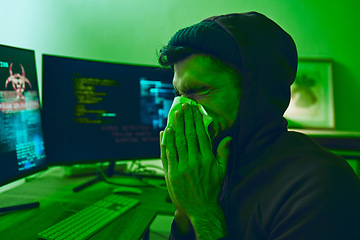 Image showing Man, crime or sick hacker with virus in office for coding, online fraud or computer cybersecurity at night. Tissue, thief or ill programmer blowing nose or working on software data scam with fever