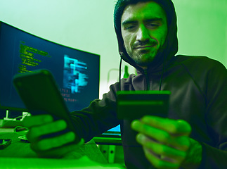 Image showing Man, phone or hacker with credit card for fraud, online scam or cybersecurity crime at night on dark web. Criminal, financial or thief typing password data or banking info on a fintech mobile app