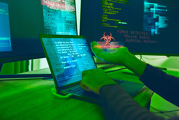 Image showing Cybersecurity, crime and hands of hacker with virus in neon office with code, fraud and danger. Software, ransomware and web programmer on cyber attack, password thief coding online scam and hacking.
