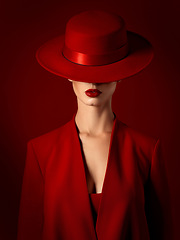 Image showing Vintage, fashion and woman in a suit or hat in studio with retro, style and edgy, confident or creative pose on red background. Mystery character, model and girl with power, beauty or aesthetic