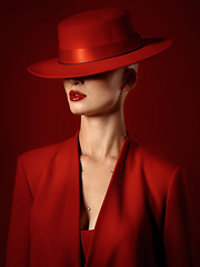 Image showing Retro, fashion or woman in a vintage suit, hat and beauty in studio with creative, style and edgy or confident pose on red background. Mystery character, model and girl with power or aesthetic
