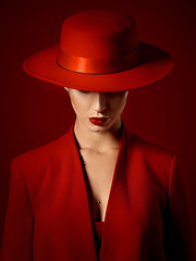 Image showing Suit, hat and woman with fashion or beauty in studio with retro, style or edgy, confident or creative pose on red background mockup. Mystery character, model and girl with power or vintage aesthetic